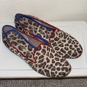 Rothy's Leopard Print Slip-On Flats with Red Trim and Blue Lining